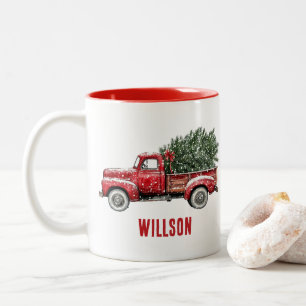 Watercolor Vintage Red Truck Christmas  Two-Tone Coffee Mug