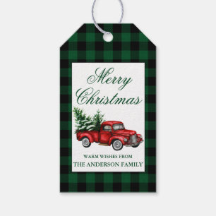 Watercolor Vintage Red Truck Green Plaid Christmas Gift Tags