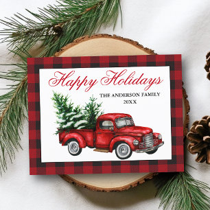 Watercolor Vintage Red Truck Happy Holidays Plaid Postcard