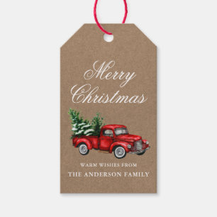 Watercolor Vintage Red Truck Kraft Merry Christmas Gift Tags