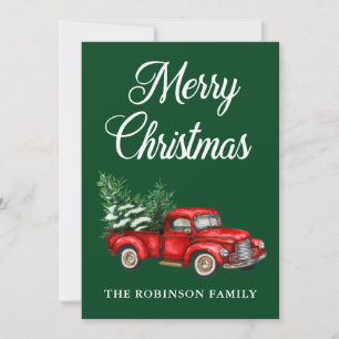 Watercolor Vintage Red Truck Merry Christmas Green Holiday Card