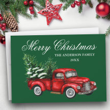 Watercolor Vintage Red Truck Merry Christmas Green