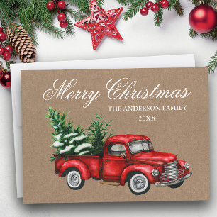 Watercolor Vintage Red Truck Merry Christmas Kraft Holiday Card