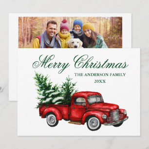 Watercolor Vintage Red Truck Photo Back Christmas Holiday Card