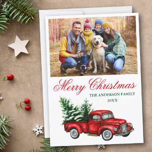 Watercolor Vintage Red Truck Photo Christmas Holiday Card