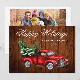 Watercolor Vintage Red Truck Photo Wood Holiday Card