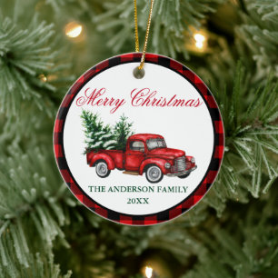 Watercolor Vintage Red Truck Plaid Christmas Ceramic Tree Decoration