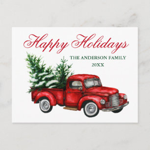 Watercolor Vintage Red Truck Tree Happy Holidays Postcard