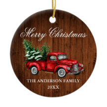 Watercolor Vintage Red Truck Wood Christmas