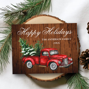 Watercolor Vintage Red Truck Wood Happy Holidays Postcard
