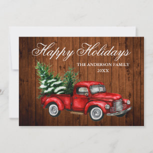 Watercolor Vintage Red Truck Wood Holiday Card
