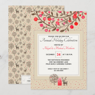 Watercolor Vintage Reindeer Woodland Holiday Party Invitation