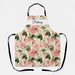 Watercolor Vintage Rose Flower Pattern Monogram  Apron