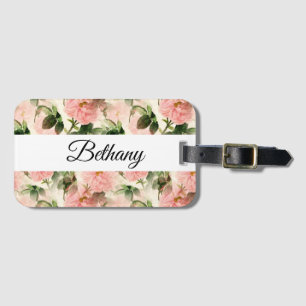Watercolor Vintage Rose Flower Pattern Monogram   Luggage Tag