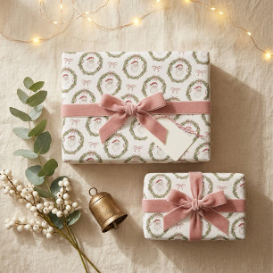 Watercolor Vintage Santa & Wreath Holiday Gift Wrapping Paper