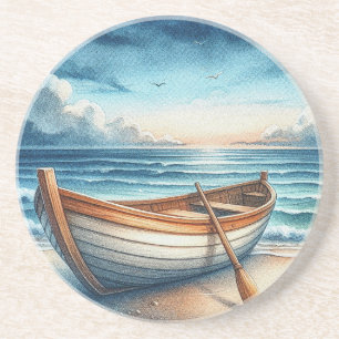Watercolor Vintage Seaside Rowboat Coaster