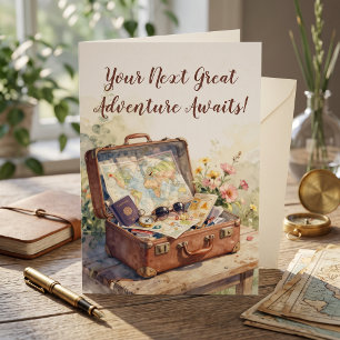 Watercolor Vintage Suitcase Travel Retirement Card
