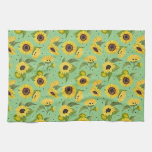 Watercolor Vintage Sunflower Bouquet Pattern  Tea Towel