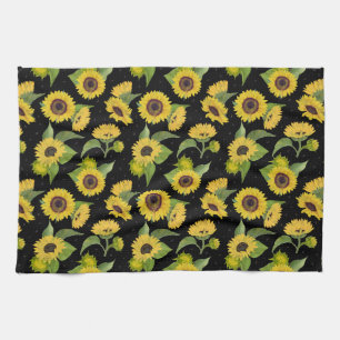 Watercolor Vintage Sunflower Bouquet Pattern  Tea Towel