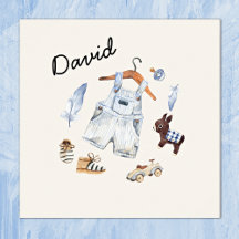 Watercolor Vintage Toys Blue Nursery Art