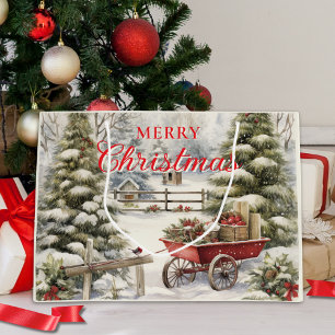 Watercolor Vintage Trees Merry Christmas Script  Large Gift Bag
