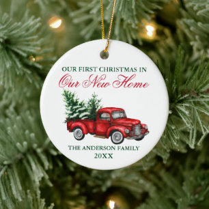 Watercolor Vintage Truck Christmas Our New Home Ceramic Tree Decoration