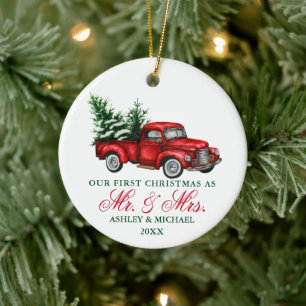 Watercolor Vintage Truck Mr. Mrs. First Christmas Ceramic Tree Decoration