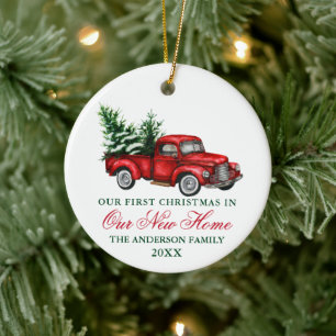 Watercolor Vintage Truck Our New Home Christmas Ceramic Tree Decoration