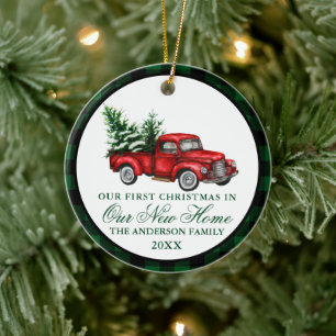 Watercolor Vintage Truck Plaid Our New Home Ceramic Tree Decoration