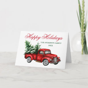 Watercolor Vintage Truck Red Happy Holidays Fold Holiday Card