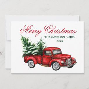 Watercolor Vintage Truck Red Merry Christmas Holiday Card