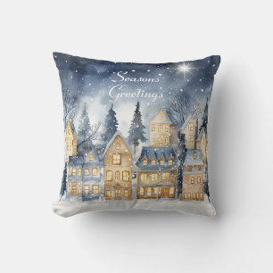 Watercolor Vintage Village Star Night Christmas Cushion