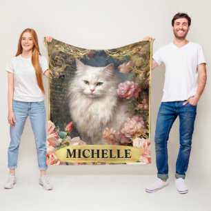 Watercolor Vintage White Cat and Pink Roses Fleece Blanket