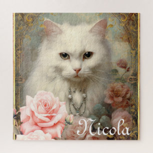 Watercolor Vintage White Cat and Pink Roses Jigsaw Puzzle