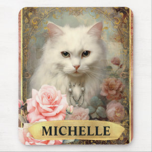 Watercolor Vintage White Cat and Pink Roses Mouse Mat