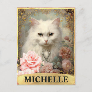 Watercolor Vintage White Cat and Pink Roses Postcard
