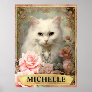 Watercolor Vintage White Cat and Pink Roses Poster