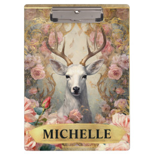 Watercolor Vintage White Deer and Pink Roses Clipboard