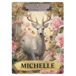 Watercolor Vintage White Deer and Pink Roses Clipboard