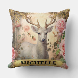 Watercolor Vintage White Deer and Pink Roses Cushion