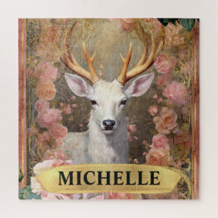 Watercolor Vintage White Deer and Pink Roses Jigsaw Puzzle