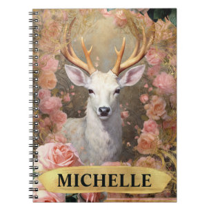 Watercolor Vintage White Deer and Pink Roses Notebook