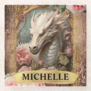 Watercolor Vintage White Dragon and Pink Roses Glass Coaster