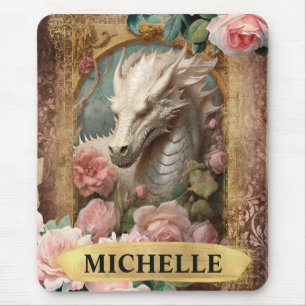 Watercolor Vintage White Dragon and Pink Roses Mouse Mat