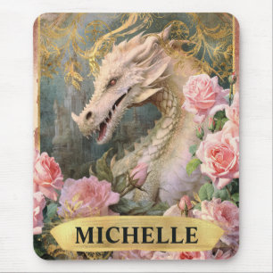 Watercolor Vintage White Dragon and Pink Roses Mouse Mat