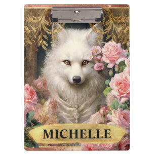 Watercolor Vintage White Fox and Pink Roses Clipboard