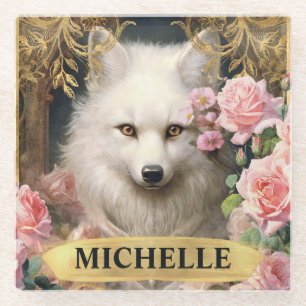 Watercolor Vintage White Fox and Pink Roses Glass Coaster