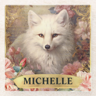 Watercolor Vintage White Fox and Pink Roses Glass Coaster