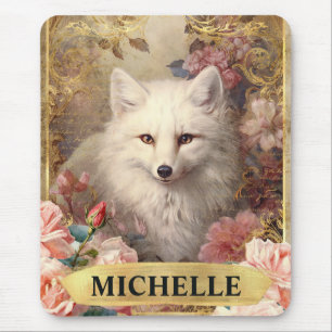 Watercolor Vintage White Fox and Pink Roses Mouse Mat