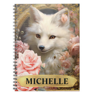 Watercolor Vintage White Fox and Pink Roses Notebook